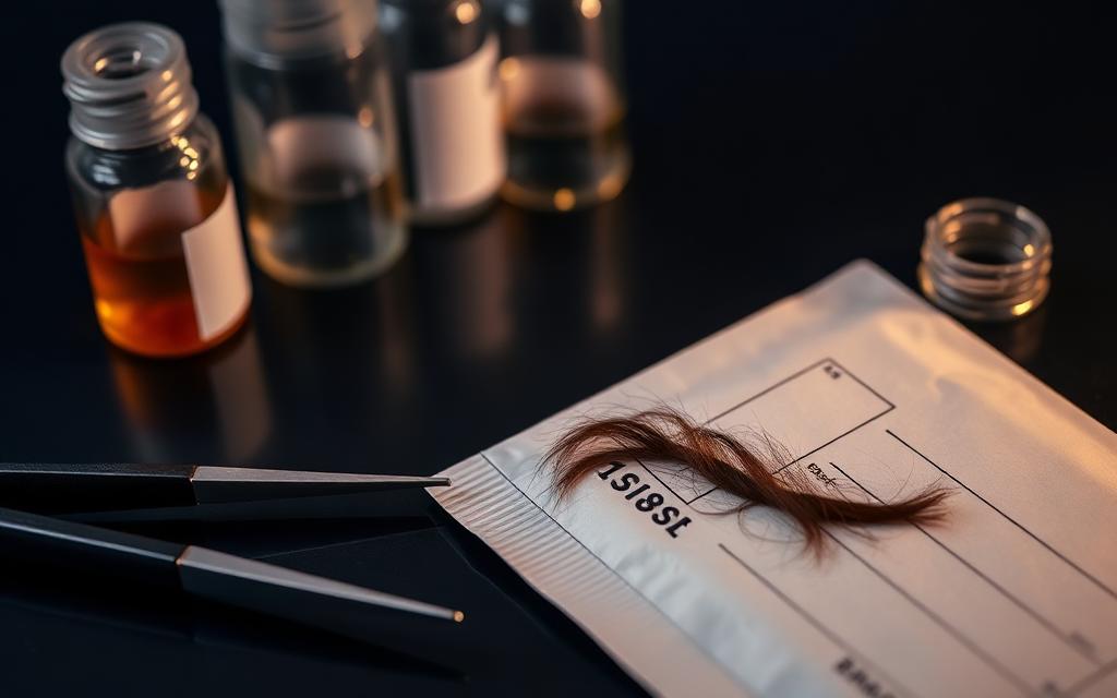 Mechón de cabello en sobre forense junto a pinzas y viales de laboratorio