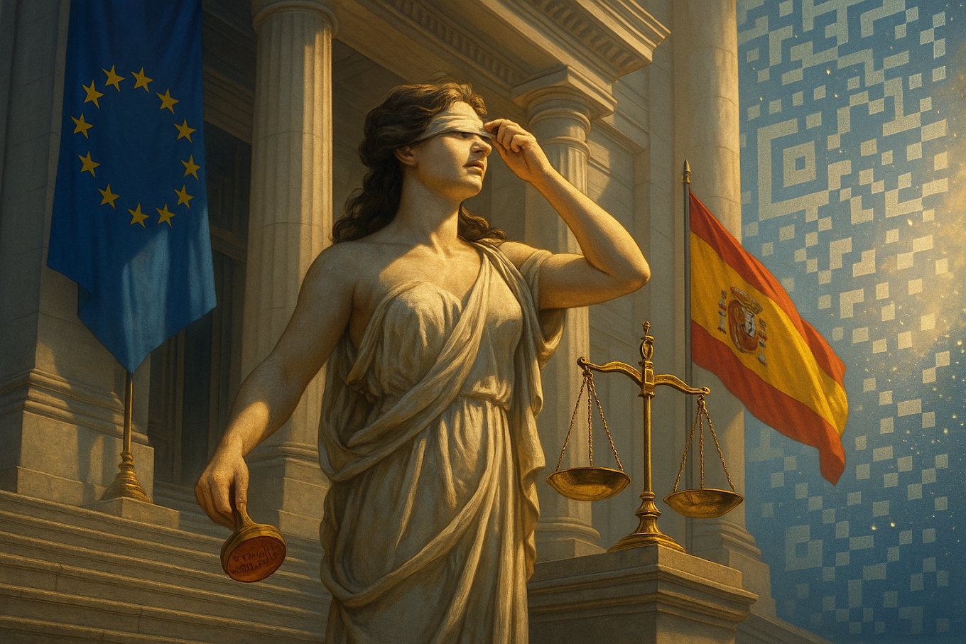 Alegoría de la Justicia con banderas de España y de la Unión Europea