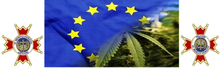 Bandera de la Unión Europea junto a una planta de cannabis, con emblemas periciales