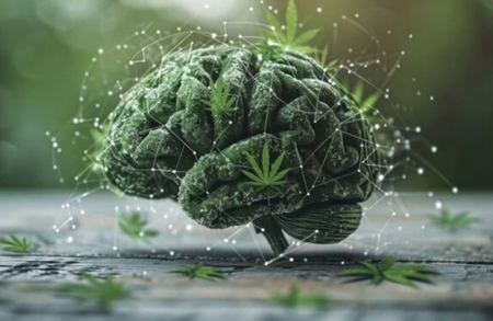 Ilustración de un cerebro con hojas de cannabis y una red de conexiones
