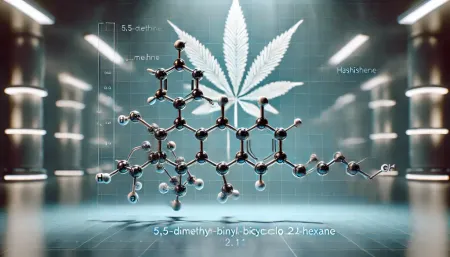 Representación molecular del hashisheno junto a una hoja de cannabis