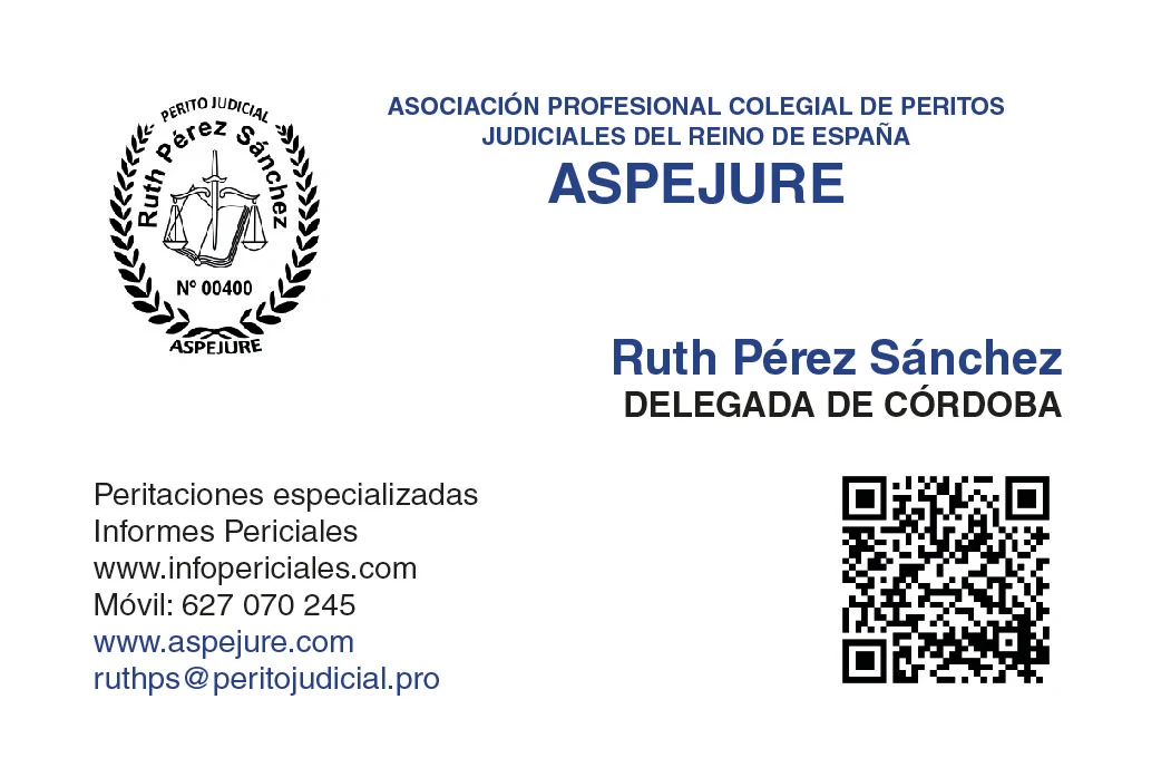 Tarjeta profesional de Ruth Pérez, delegada de ASPEJURE, perito judicial nº 00400