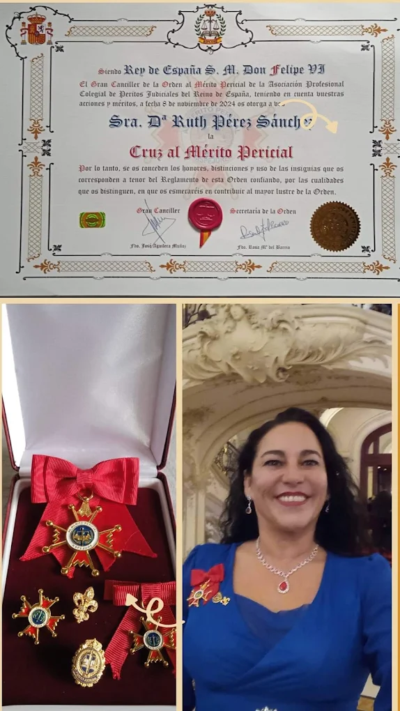 Estuche con la cruz, la venera y las insignias reglamentarias de la Orden al Mérito Pericial
