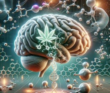 Ilustración de un cerebro humano con hoja de cannabis y estructuras moleculares