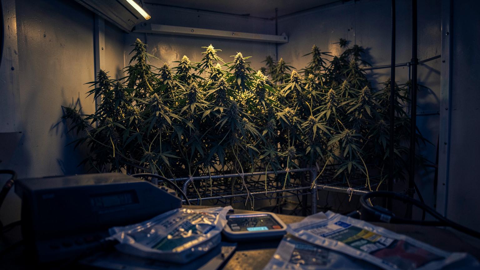 Plantas de cannabis en cultivo interior junto a una balanza de precisión y bolsas de evidencia precintadas