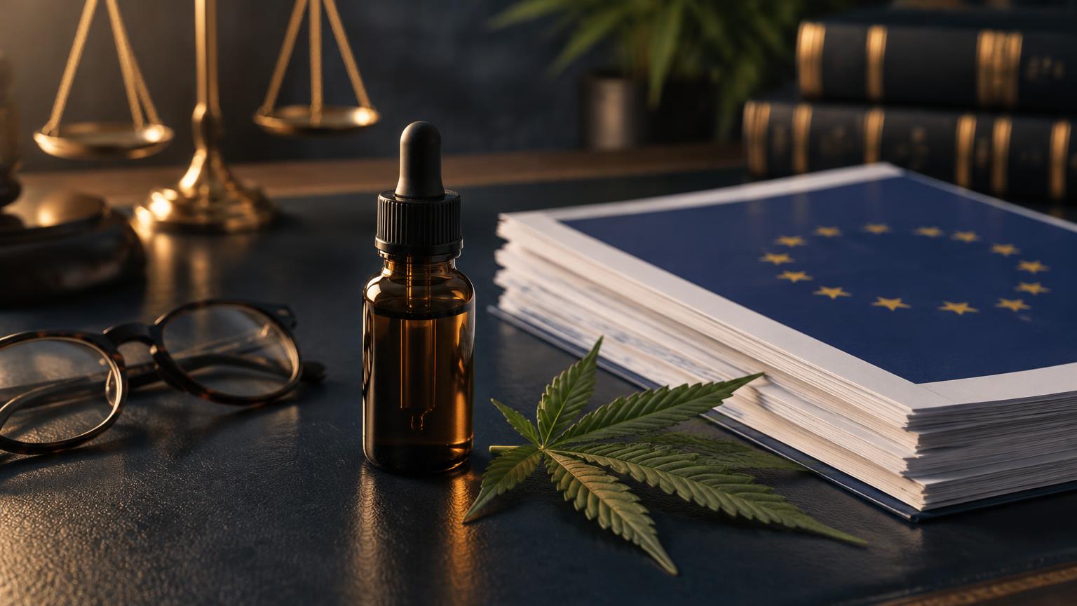 Frasco cuentagotas de aceite de CBD junto a documentación normativa de la Unión Europea y una hoja de cáñamo