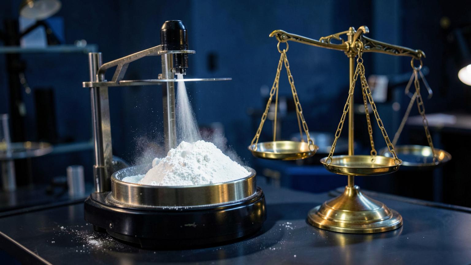 Balanza analítica pesando sustancia incautada junto a una balanza de la justicia dorada