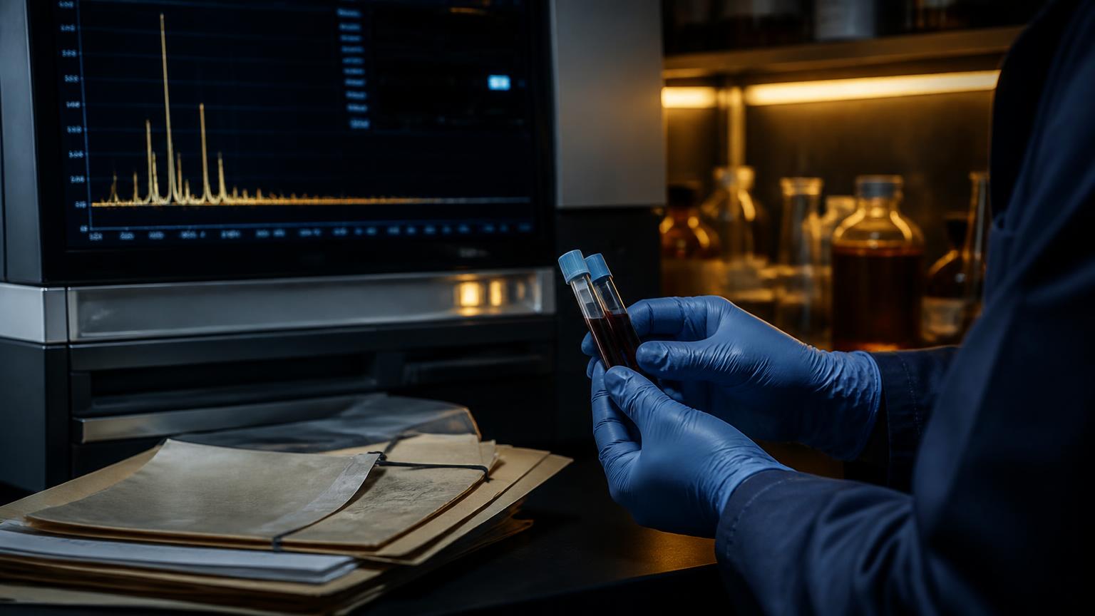 Especialista en toxicología forense sosteniendo tubos de muestra de sangre frente a un cromatógrafo y un expediente judicial