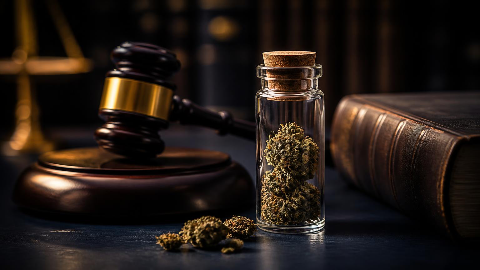 Mazo de juez, balanza y libros de derecho en un dictamen pericial sobre cannabis