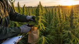 Toma de muestra de una sumidad florida en un campo de cáñamo industrial al atardecer, con bolsa de muestreo y acta de campo