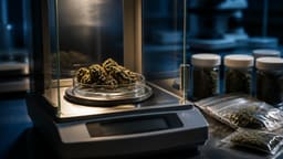 Balanza de precisión de laboratorio pesando sumidades de cannabis junto a bolsas de evidencia precintadas