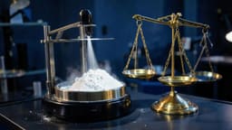 Balanza analítica pesando sustancia incautada junto a una balanza de la justicia dorada