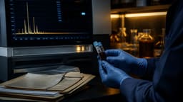 Especialista en toxicología forense sosteniendo tubos de muestra de sangre frente a un cromatógrafo y un expediente judicial