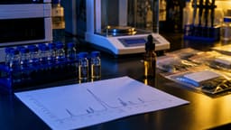 Mesa de laboratorio forense con viales de HPLC, un cromatograma impreso, un frasco de aceite de CBD y bolsas de evidencia precintadas