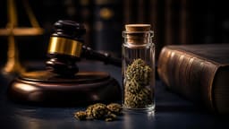 Mazo judicial junto a un vial de cannabis seco y un código legal sobre una mesa oscura